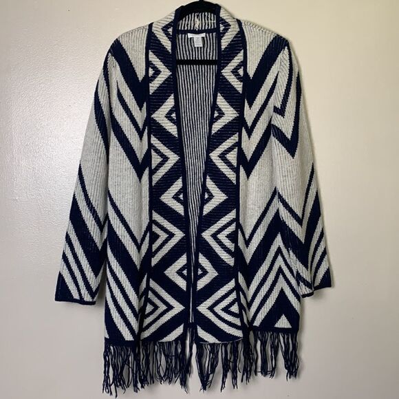CHICOS size 2 cardigan sweater fringe boho chevron zig zag large L southeastern - Picture 9 of 9